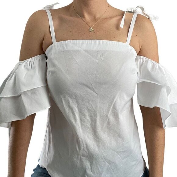 White House Black Market Off the Shoulder White Top Blouse Size 4 Ruffle Sleeves - Picture 6 of 9